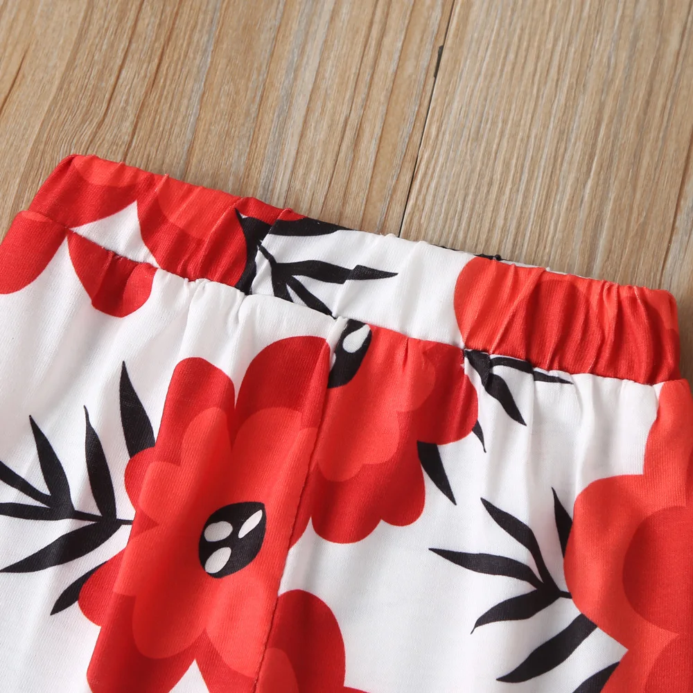 Весенний комплект одежды для маленьких девочек, Детский комбинезон с длинными рукавами, топы, красные Широкие штаны с цветочным принтом, одежда для малышей, одежда для малышей 0-12 месяцев