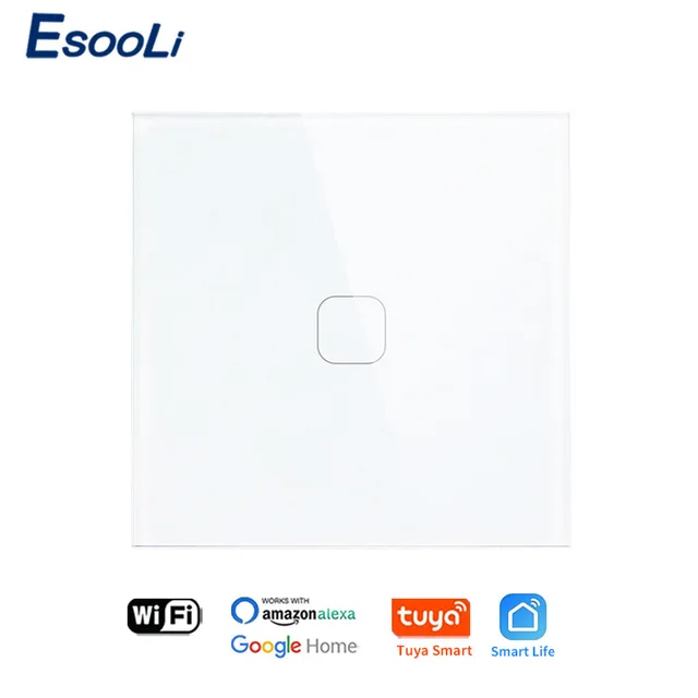 EsooLi Tuya Smart Life Glass Panel EU/UK Standard Touch Switch Zero/Single Fire Line Voice Control Light Wireless Wall Switch WIFI White 1 Gang