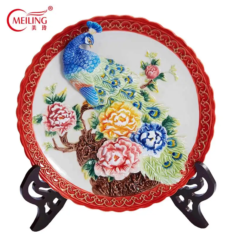 

Ceramic Wall Plate Handpainted Peacock and Peony Decorative Hanging PlateTabletop Holder Home Decor Collectibles Souvenir Gift