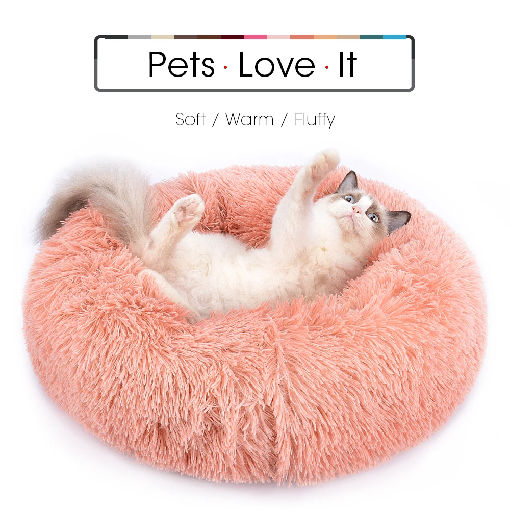 Round Plush Cat Bed House Cat Mat Winter Warm Sleeping Cats Nest Soft Long Plush Dog