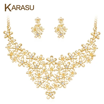 

Shiny Rhinestones Gold-color Flowers Luxurious Necklace Earrings Fashion Jewelry Set Bride Wedding Party Accessories