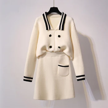 

two pieces knitted women sweater suits 2020 winter new v-neck pullovers and pocket A-line knee-length skirts lady elegant skirts