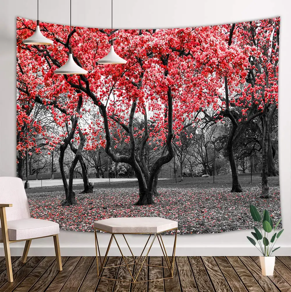 

Red Flower Trees Blossom In Black And White Landscape Scene Tapestry Wall Hanging Farmhouse Woodland Tapestry