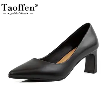 

Taoffen Genuine Leather Women Pumps Pointed Toe Thick High Heel Shoes Shallow Party Office Lady Shoes Female Footwear Size 34-43