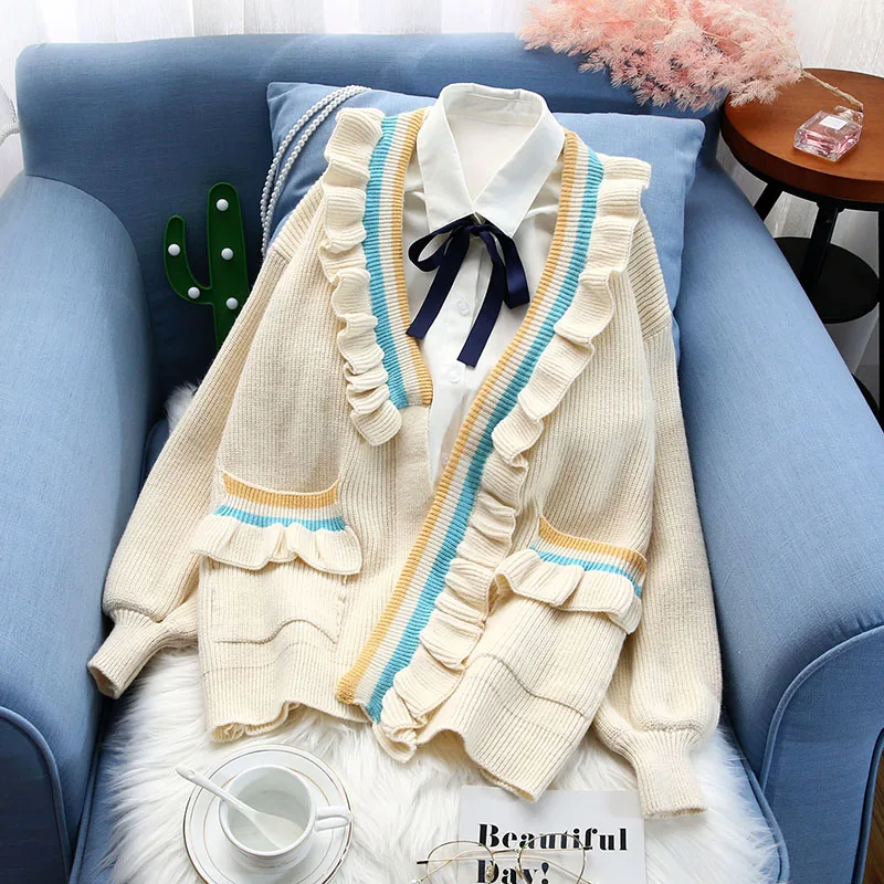 ruffles women sweaters autumn winter new v-neck knitted loose pockets lantern sleeved thicken warm elegant outwear coat top