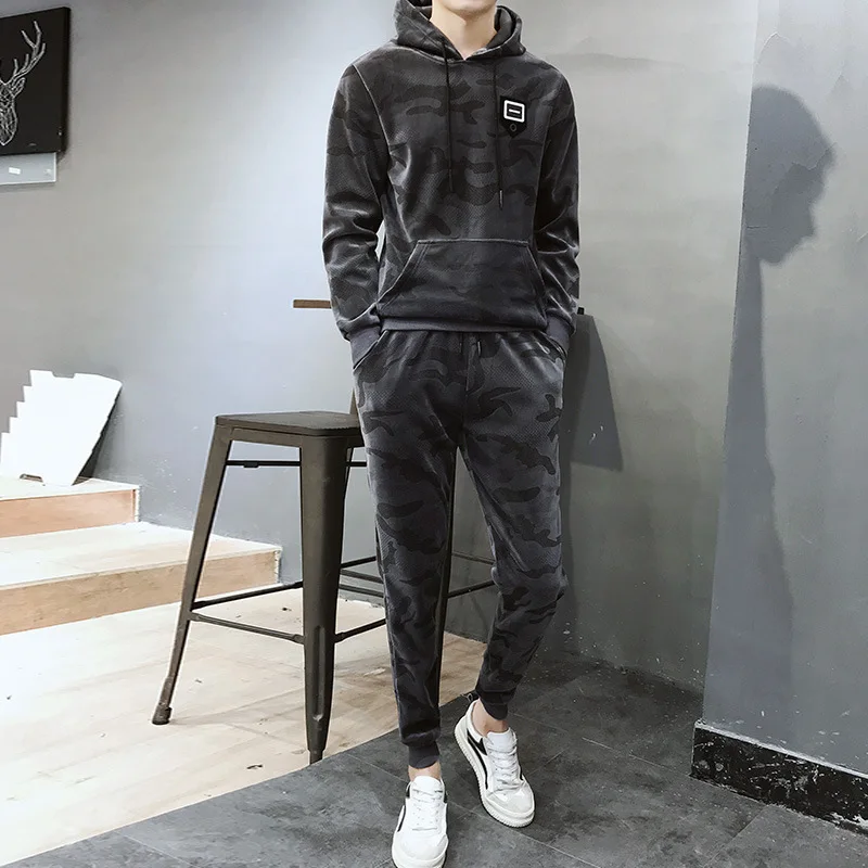 

Spring And Autumn Hooded Gold Velvet Set Men's Korean-style Trend Handsome Sports Casual Sweatshirt Trousers Two-Piece Set