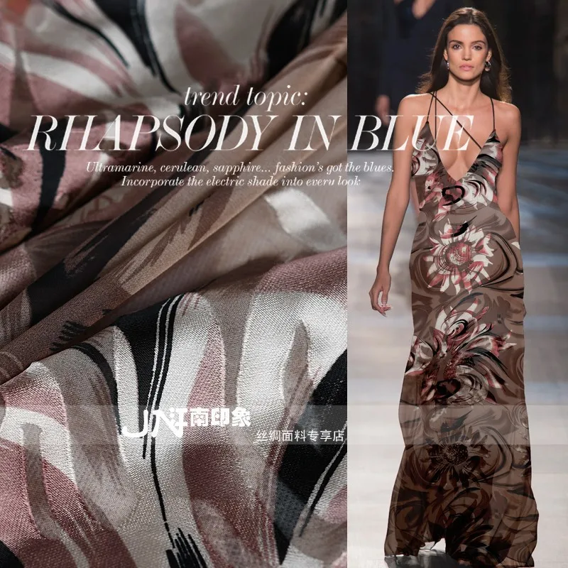 Jiangnan impression шелковое платье рубашка тонкая атласная полоска потрепанный цветок потрепанный тропический стиль продукт ткани