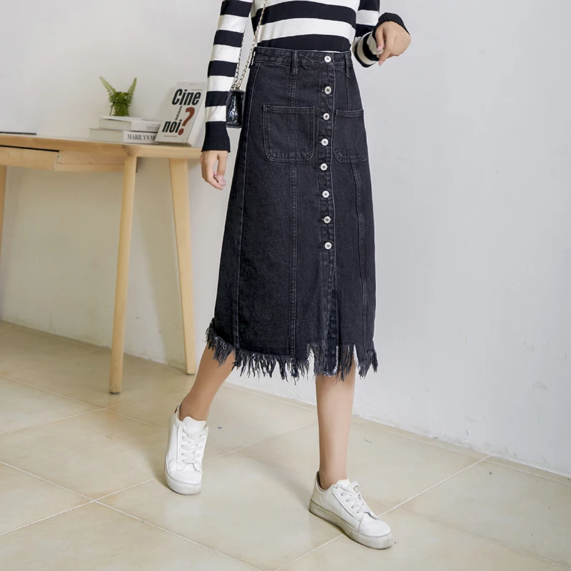

Midi long denim Skirt with button front black blue tassels fringe long jeans skirt women