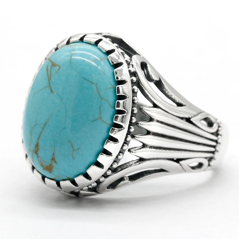Natural Turquoise Stone Ring for Men 925 Sterling Silver Vintage Statement Oval Blue Stone Men’s Ring Turkish Handmade Jewelry - Image 6