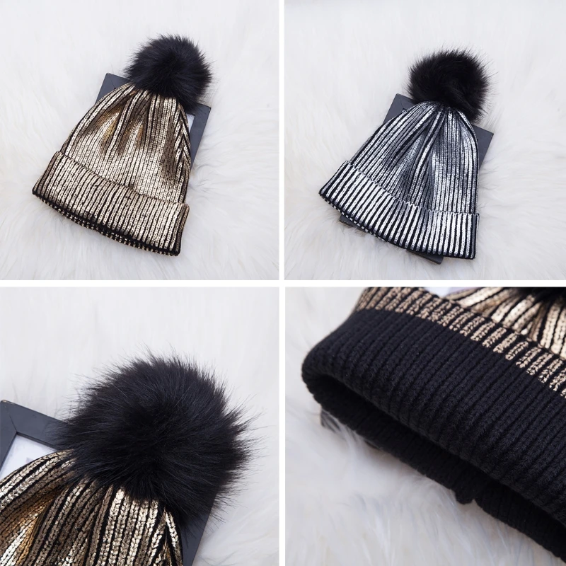 Для женщин теплое зимнее пальто для девочек, металлический блестящий вязаный крючком шапочка шапка с помпоном