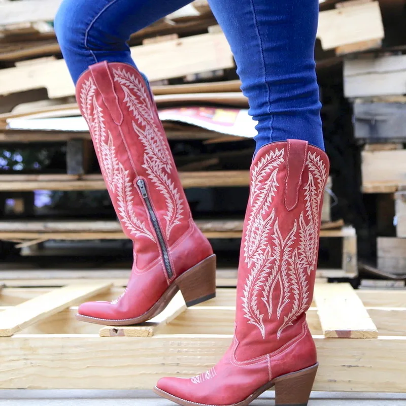 Litthing женские ковбойские ботинки осенне-зимняя женская обувь на высоком каблуке в стиле ретро с тотемным носком на молнии женские кожаные сапоги до колена из коллекции года