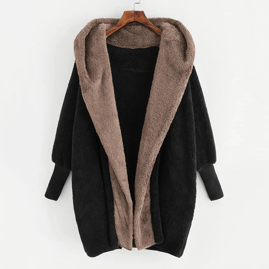 Пальто из искусственного меха с капюшоном, Элегантное Черное Женское пальто с капюшоном, зимнее теплое плюшевое пальто с карманами, хлопковое пальто, верхняя одежда#40