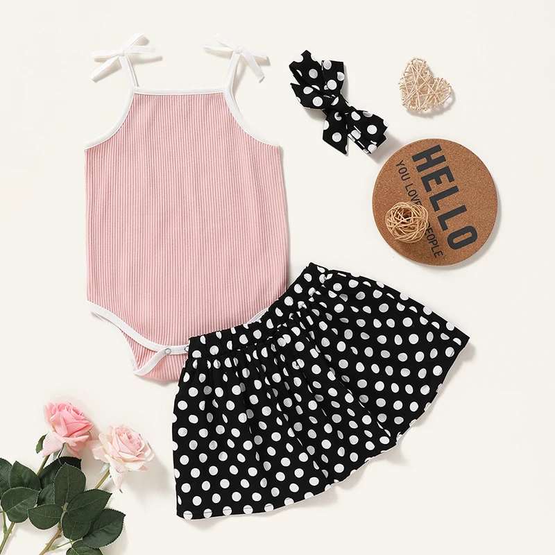 

Baby Girl Clothes 6-9 Months Toddler Girl Summer Outfits Solid Pink Sleeveless Romper Top Dots Balck Skirt With Headband Set