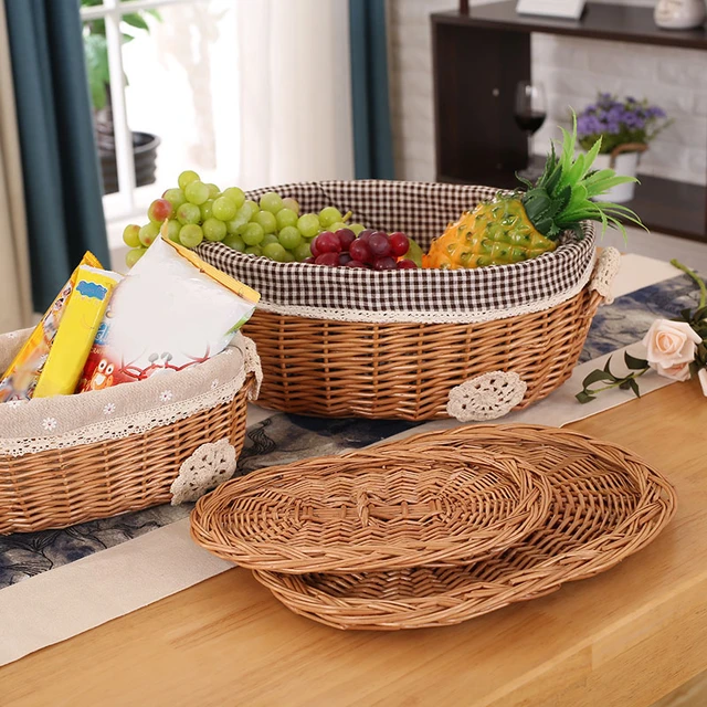 Cesta de mimbre con tapa para almacenamiento de frutas y pan, organizador  de cosméticos, caja hecha