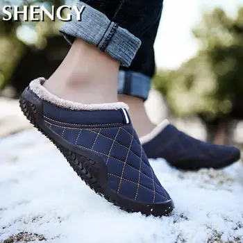 

Winter Mens Warm Slippers Short Plush Canvas Soft Home Casual Sliooers Men Plaid Fashion Lazy Big Size 39-48 Dark Color Indoor