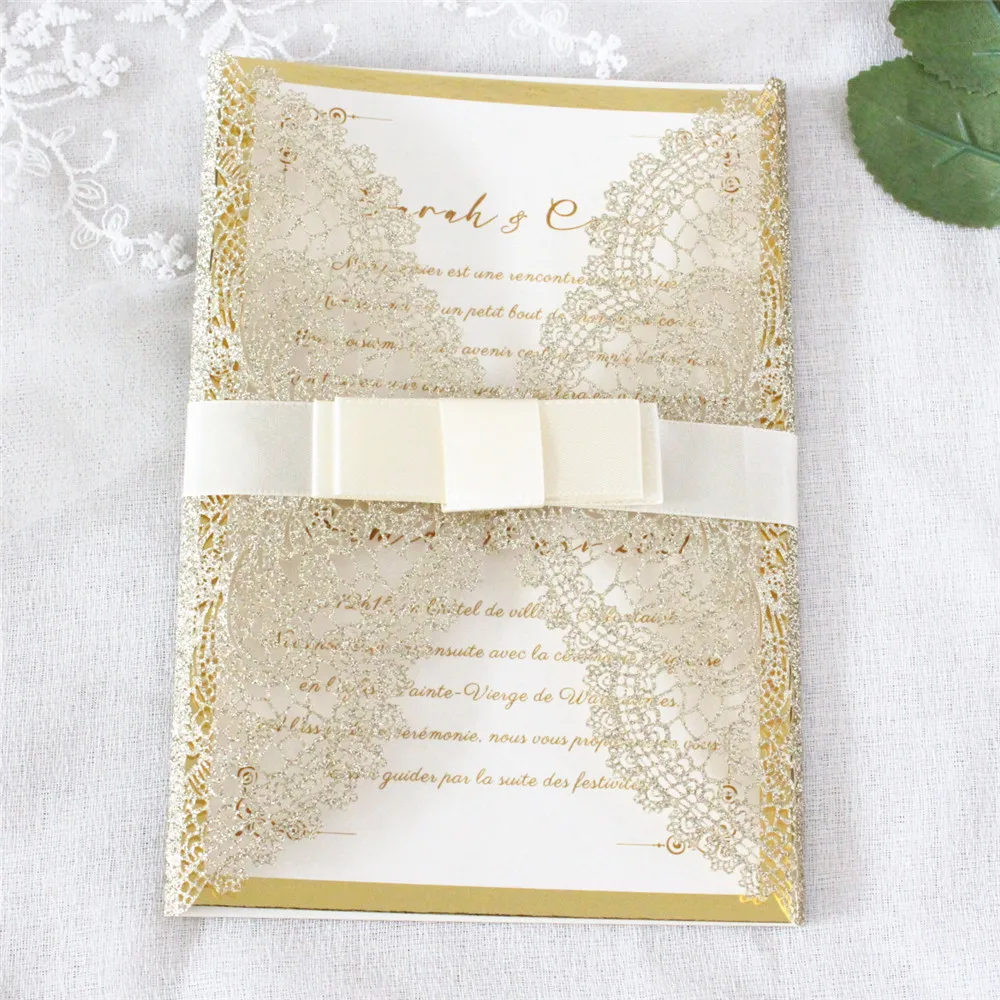 

Gold Lace Laser Cut Wedding Invitation Suit With Metallic Golden Insert And Ivory Ribbon Customized Printing 50 Sets