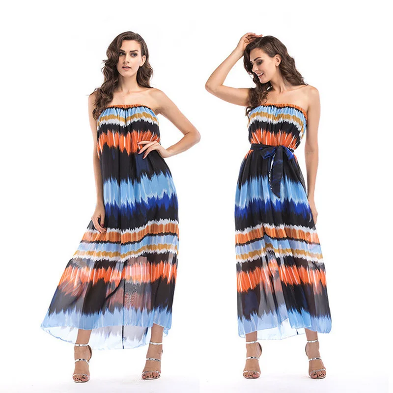 

Sleeveless Tube Top Chiffon Shirt Dress Boho Beach Dresses Maternity Women Casual Gradient Striped Women's Fashion Clothing 6XL