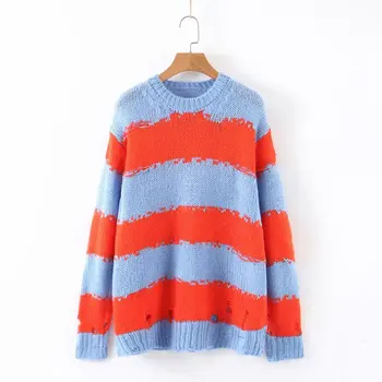 

2020 Striped Womens Sweaters Hole Loose O-Neck Long Sleeve Pullovers Computer Knitted Fashion Autumn Sweater Women Clothing