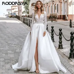 RODDRSYA Long Sleeve Lace Wedding Dresses Satin V Neck Bridal Bride Gown High Split A-line Wedding Gown Robe de mariee