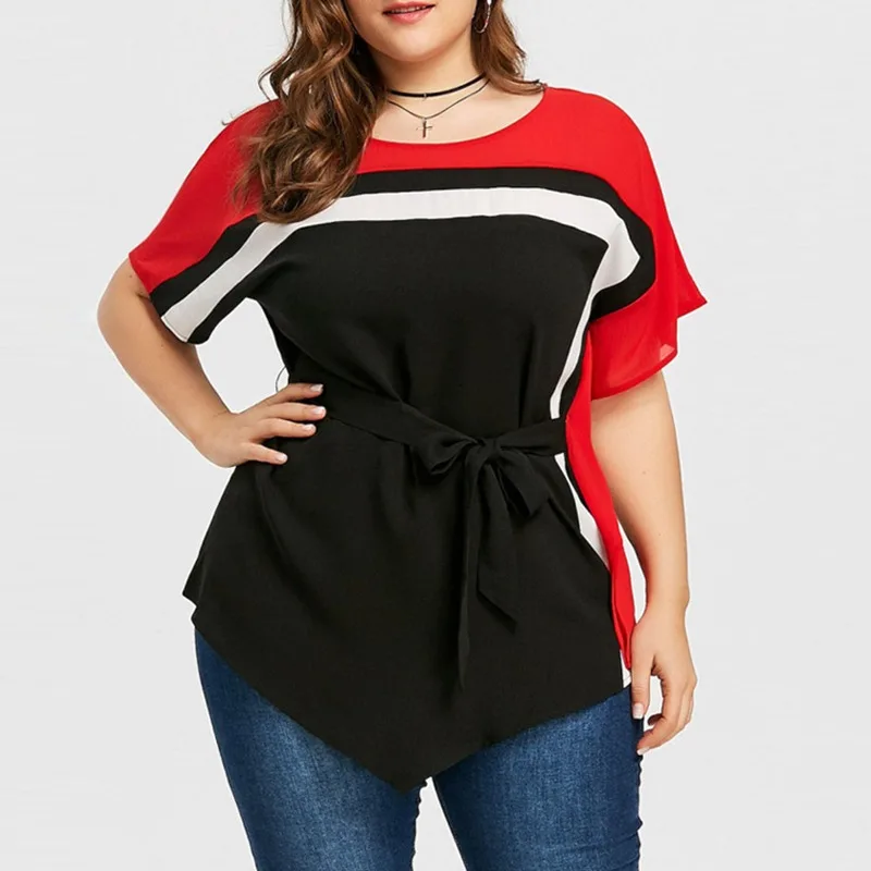 Летняя модная женская одежда большого размера 5XL 6XL 7XL 8XL 9XL рукав летучая мышь пояс строчка контрастная цветная рубашка футболка обхват груди 142 см - Цвет: Черный
