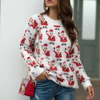 

Autumn Winter Women Father Christmas Print Warm Sweater Casual Long Sleeve Xmas Gift Knitted Pullover Tops