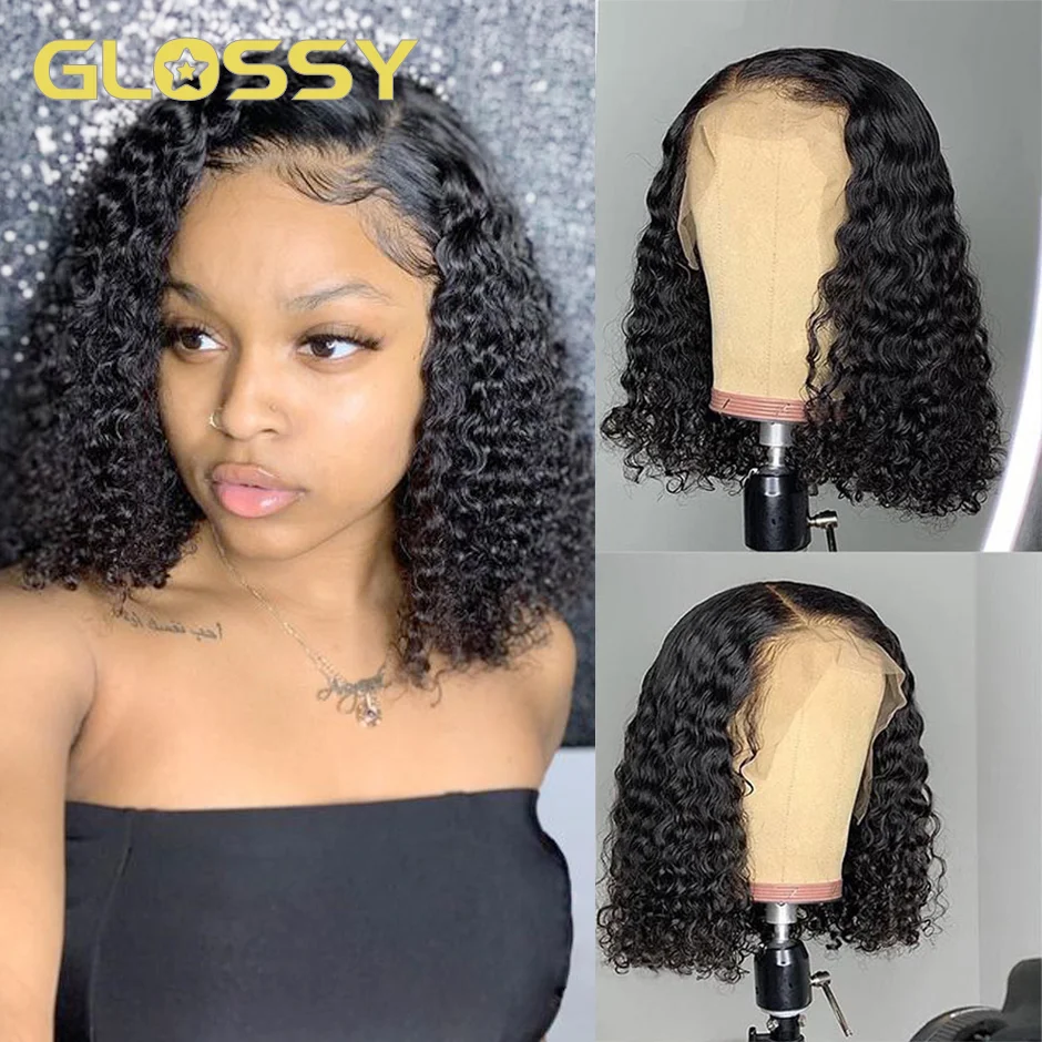 Venta Jerry Pelo Rizado Bob pelucas 13x4 frente de encaje pelucas de cabello humano 180 de densidad rizado brasileño Bob Cierre de encaje peluca para las mujeres negras ezYoMDONXqK