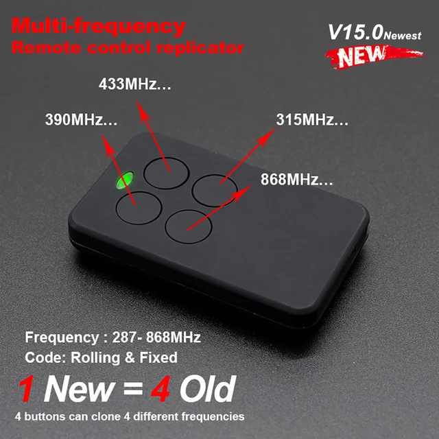 Garage Control Door Remote Control 287MHz 433.92MHz 868MHz Fixed Rolling Code Gate Command Transmitter 280-900MHz Door Opener 5