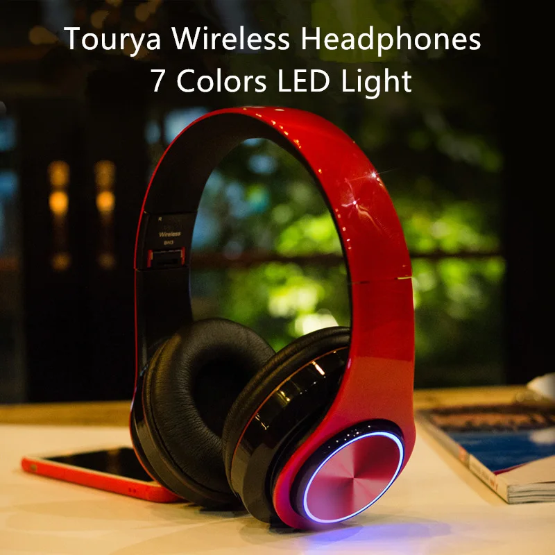 AMS-Wireless Headphones Bluetooth Headphone 7 Colors Glowing Led Headset with Mic Support Tf Card for Phone Pc Mp3 Player