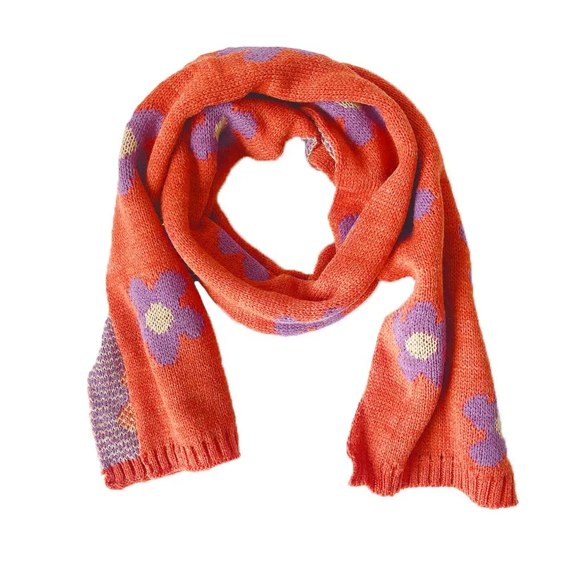 Orange Children Scarf Fashion Girls Cute Flower Print Scarf Knitted Winter Warm Neck Girls Scarf - Color: Orange