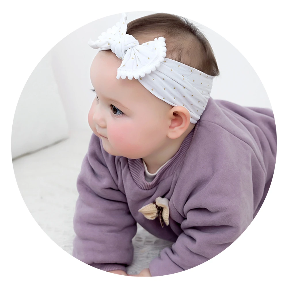 

Cute Girls Pompom Trimming Hair Bows Nylon Headband For Children Turban Head Wraps Elastic Hair bands Baby Girl Hair Accessories