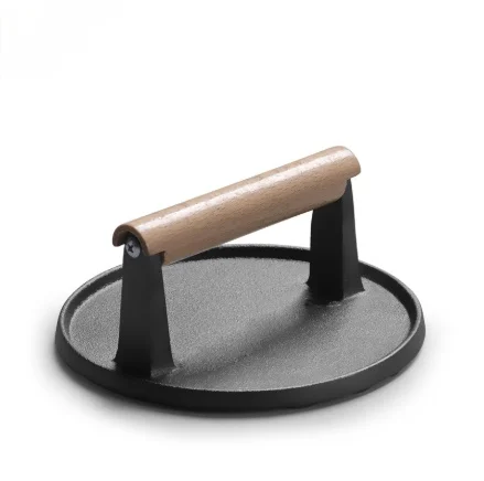 Round big BBQ tool Cast iron Wooden Handle Steak Plate Meat Press Grill meat squid Fried steak barbecue Meat pressing board