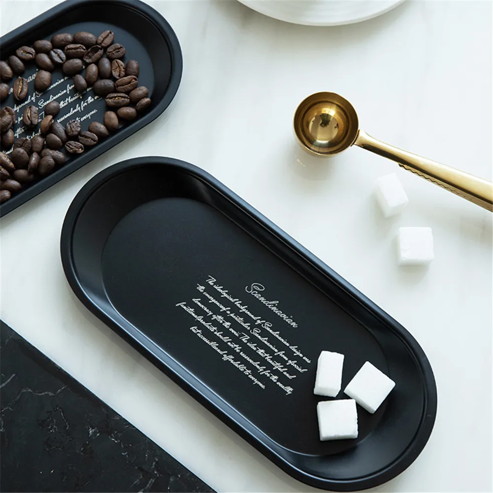 Stainless Steel Black Tea Tray Plate Dessert Cake Fruit Dish Letter Plates Cosmetics Storage Trays Jewelry Display Home Decor stainless steel plates