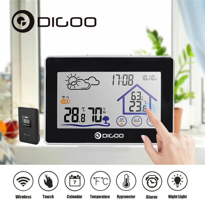 Цена Digoo DG TH8380, беспроводной термометр с сенсорным экраном, гигрометр, для помещений, метеостанция, для улицы, датчик погоды, часы, счетчик, календ...