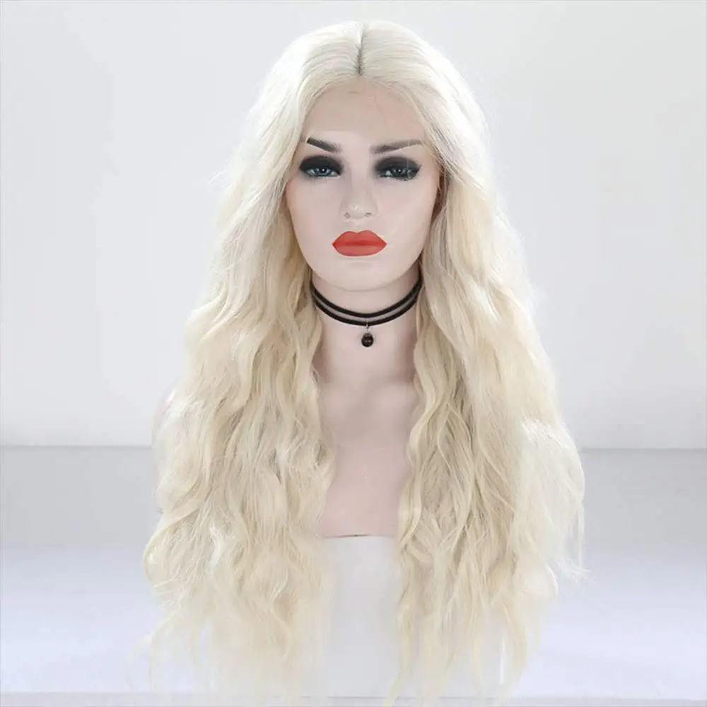 

RONGDUOYI Long #60 Platinum Blonde Natural Wave 13x3 Synthetic Lace Front Wig Heat Resistant Hair Glueless Blond Wigs for Women