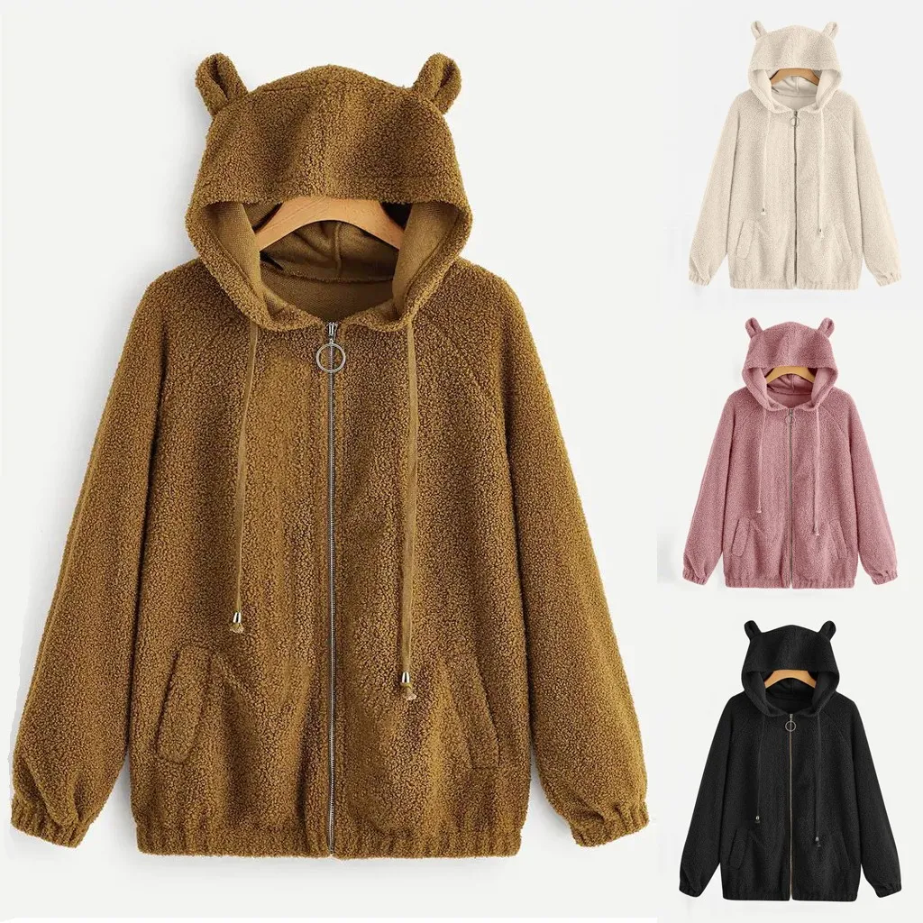 Women Hoodies Sweatshirts Flannel Lovely With Bears Ears Solid Warm Hoodie Autumn Casual Campus Pullovers Coat Oversized Hoodie@