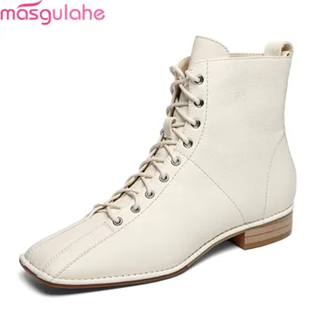 

Masgulahe 2020 new arrive fashion genuine leather women boots low heel square toe solid color ankle boots black beige