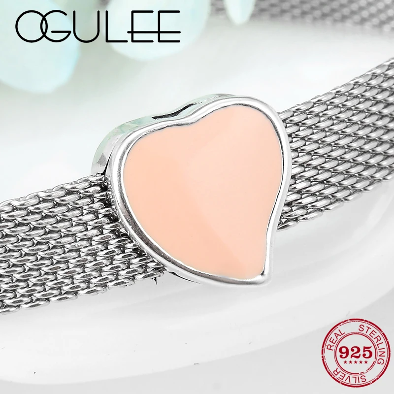 Sweet Girl 925 Sterling Silver Pink Enamel Fine Heart Clip Beads Women Accessories Fit Reflection Charm Watch Bracelets Jewelry | Украшения