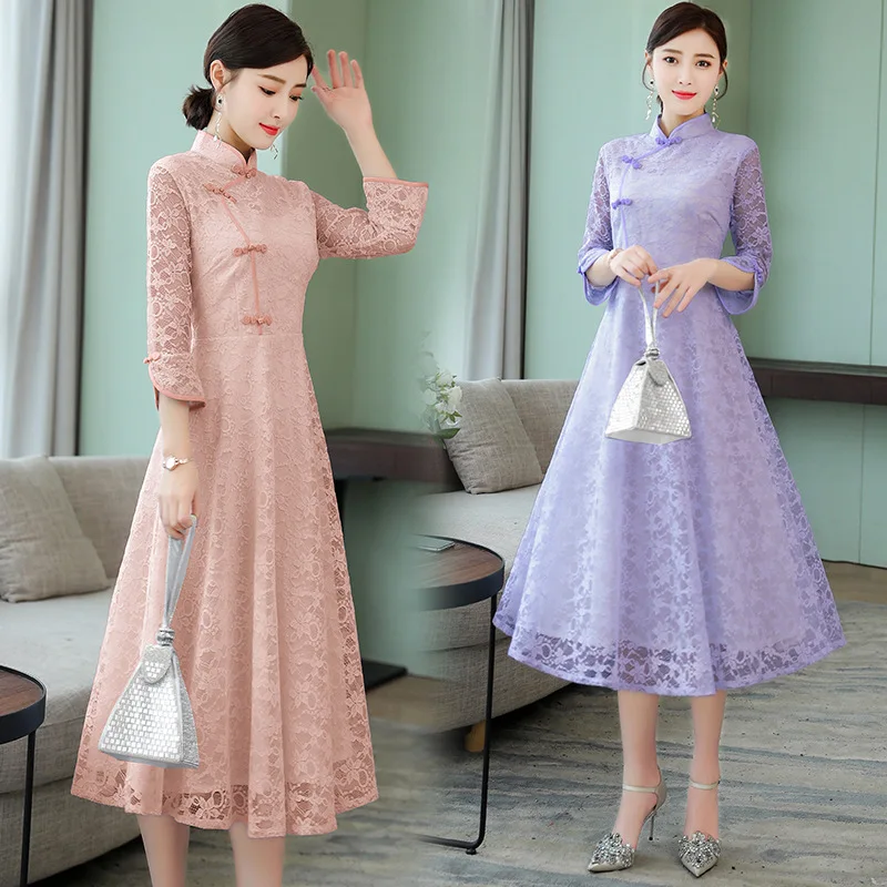 

Cheongsam Style Dress 2019 Summer New Style Spring Women's Half-sleeve Shirt Mid-length nian qing kuan New Modified Chinese-styl