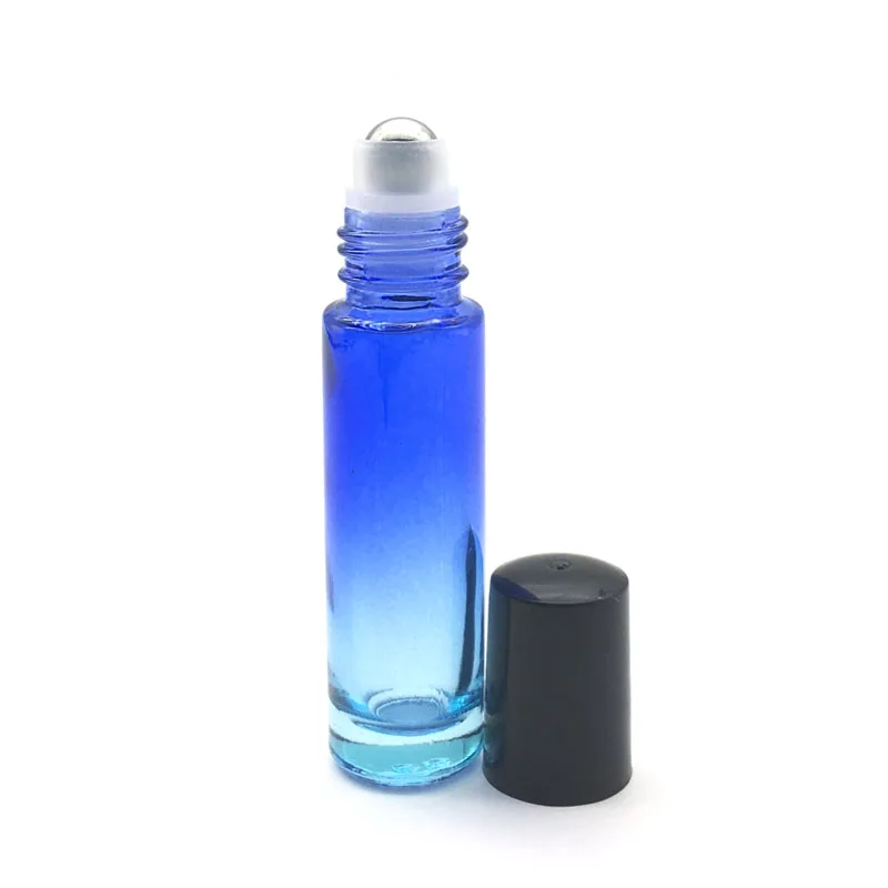 

50pcs 10ml Essential Oil Thick Glass Roller Bottle Empty Gradient Blue-clear Perfume Sample Roll-On Black Plastic Cap Container