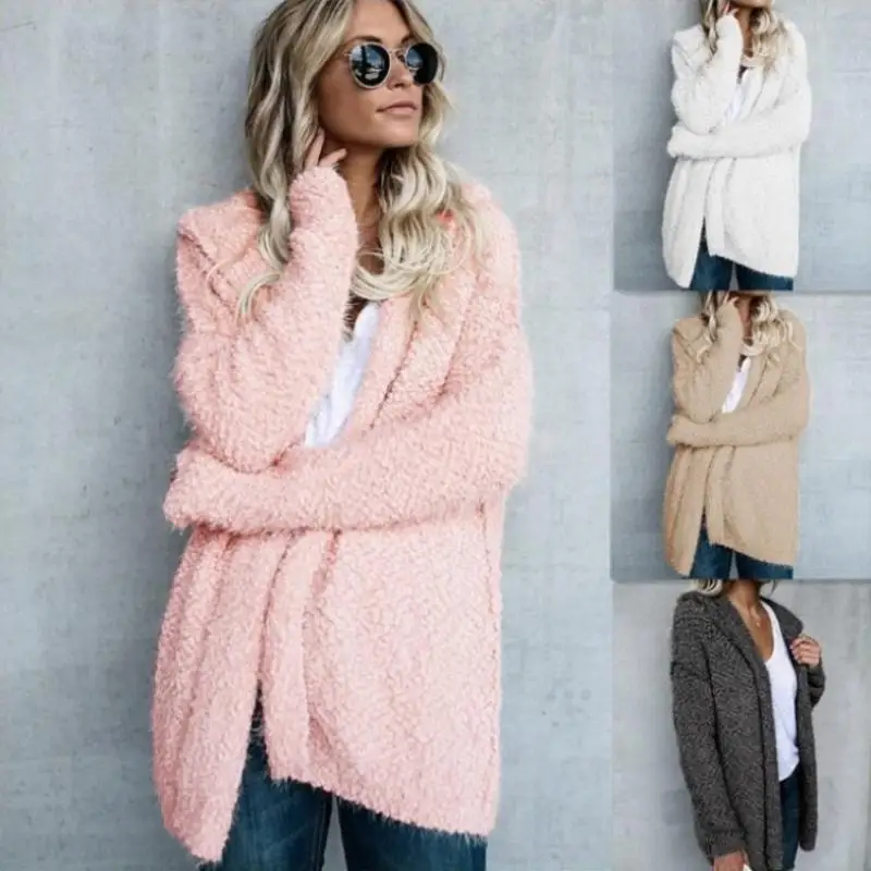 NORMOV зимнее плюшевое пальто из искусственного меха, Женская куртка с капюшоном и длинным рукавом, однотонное теплое пальто