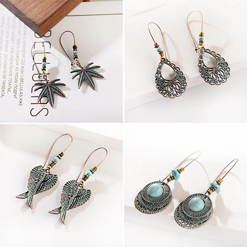 

TopHanqi 4Pairs Boho Design Jewelry Earrings Bohemian Vintage Green Bronze Leaf Round Shaped Drop Earrings For Women orecchini