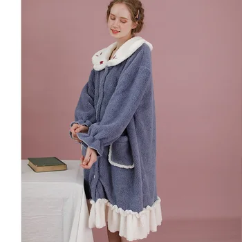 

2020 Winter Long Hairy Shan Small Mushroom Long-sleeved Nightgown Doll Collar Loose and Thick Robes for Women Robe En Satin