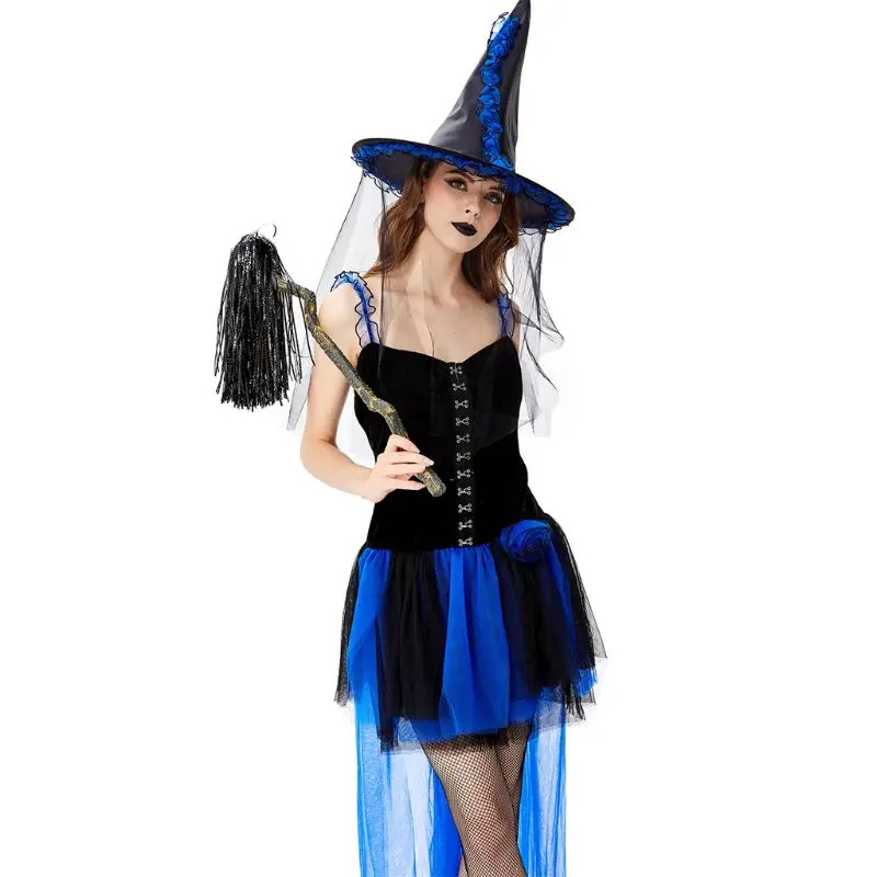

Womens Halloween Witch Cosplay Costume Pumpkin Themed Sleeveless Long Tail Mesh Mini Tutu Dress with Ruffles Hat Party Props