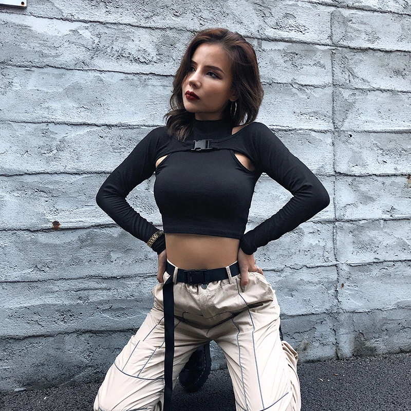 Rapwriter поддельные две части Harajuku o-образным вырезом с длинным рукавом черная футболка женская уличная с вырезами базовые хлопковые черные топы
