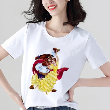 

Beauty and the beast printed t shirt women fashion Harajuku Short Sleeve t-shirt White Suitable four seasons Tshirt Tops clothes