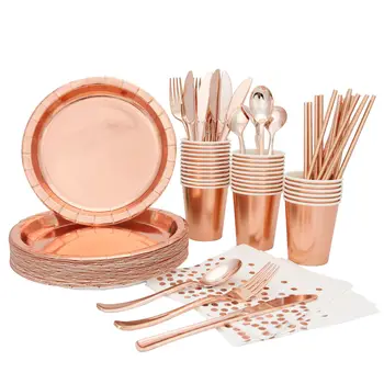 

Rose gold party tableware set paper cups plates napkins disposable supplies wedding birthday party baby shower table decoration