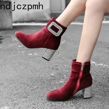 

Women's Boots New winter fashion Square head Sequin zipper High heel Ankle boots Women's shoes plus size 32-43 Heel Height 7cm