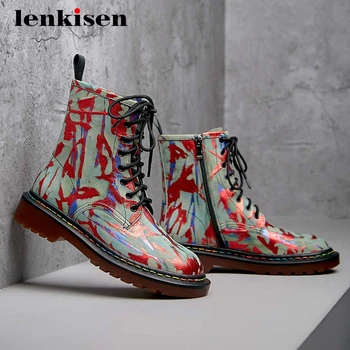

Lenkisen new arrival short boots real leather totem sewing round toe thick med heel lace neutral fashion energy ankle boots L71