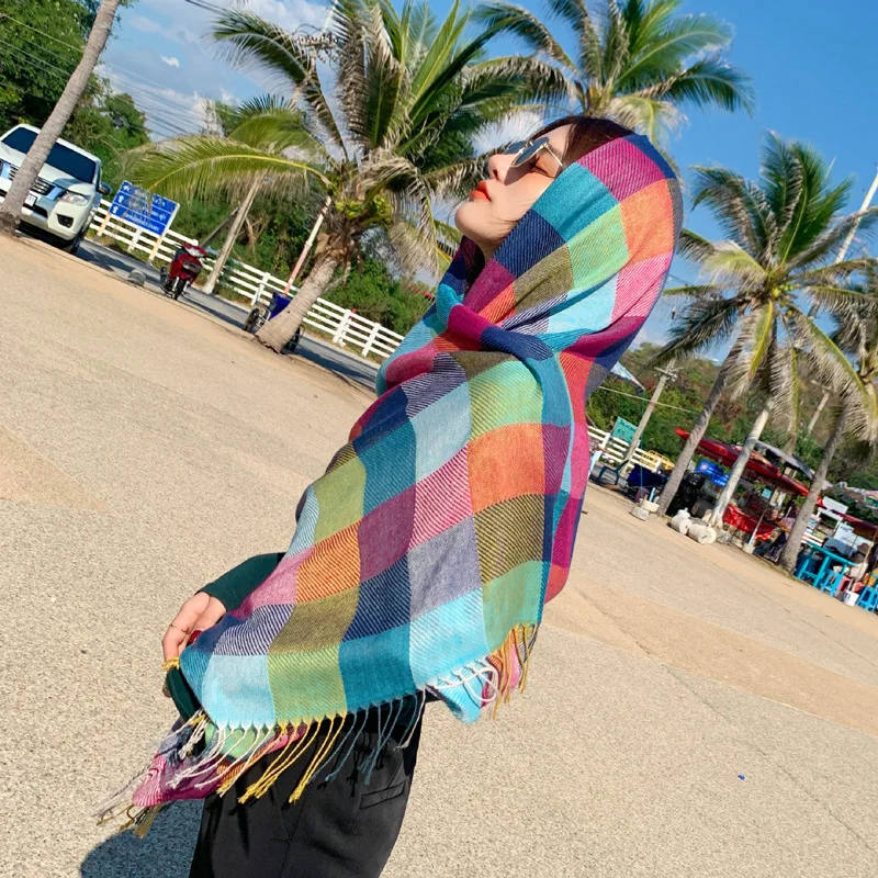 

2020 spring new sunscreen scarf women cotton and linen color plaid wild short beard air conditioning towel beach towel shawl