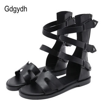 

Gdgydh 2020 Summer Beach Sandals Open Toe Women Gladiator Sandals Flat Heel Black Leather Rome Style Female Shoes Free Drop Ship